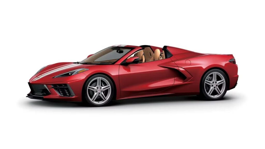 Chevrolet Corvette V8 Touring in Red Mist Metallic with silver racing stripes