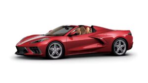 Chevrolet Corvette V8 Touring in Red Mist Metallic with silver racing stripes