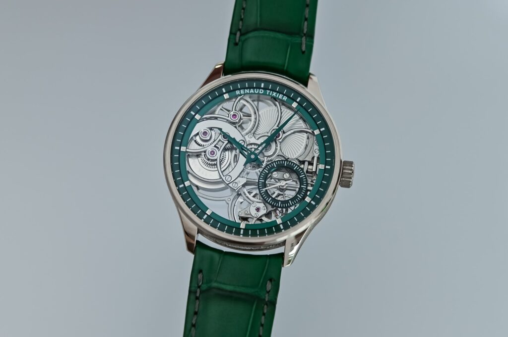 Renaud Tixier Monday Skeleton watch with an openworked movement and coloured accents