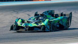 Camouflaged Aston Martin single-seat track prototype testing at Circuit Paul Ricard