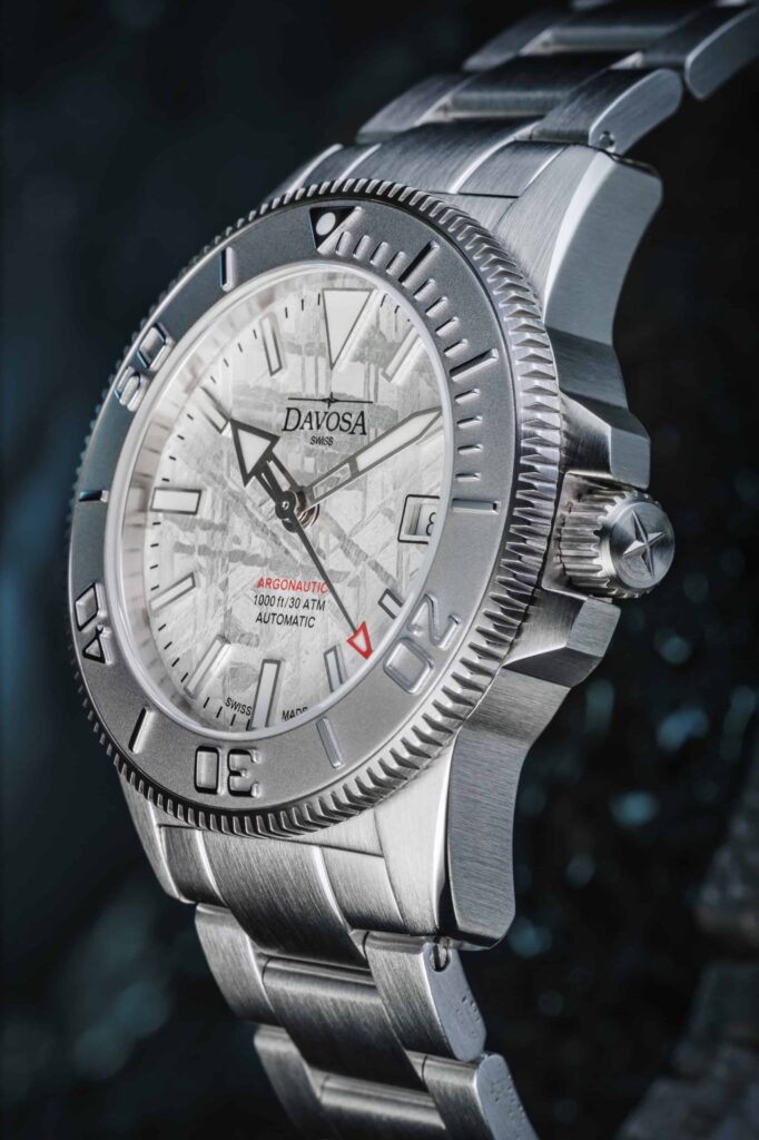 DAVOSA Brings a Muonionalusta Meteorite Dial to the Argonautic Diver DAVOSA Argonautic Meteorite dive watch with silver Muonionalusta meteorite dial on stainless steel bracelet