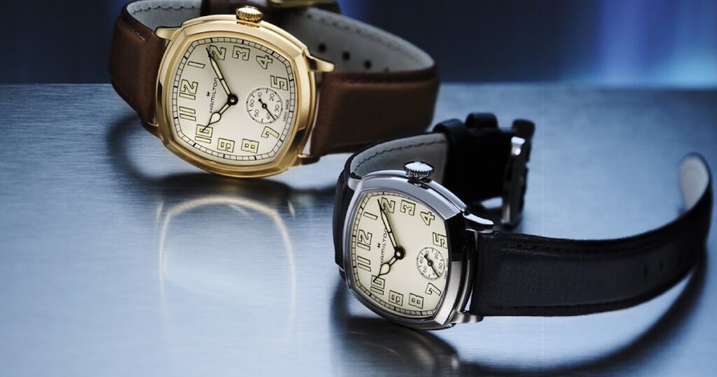 Hamilton American Classic Cushion watch with Art Deco-inspired square case and leather strap