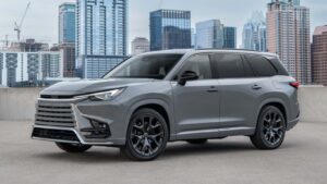 Lexus TX three-row SUV shown as a luxury family SUV on a clean modern road