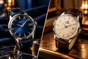Seiko Presage Cocktail Time SRPB43 and Orient Bambino Version 7 dress watches on black leather straps