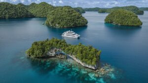 Four Seasons Explorer luxury catamaran sailing through the islands of Palau