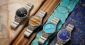 Perrelet Weekend natural stone dial watches in turquoise, lapis lazuli, tiger’s eye and black onyx