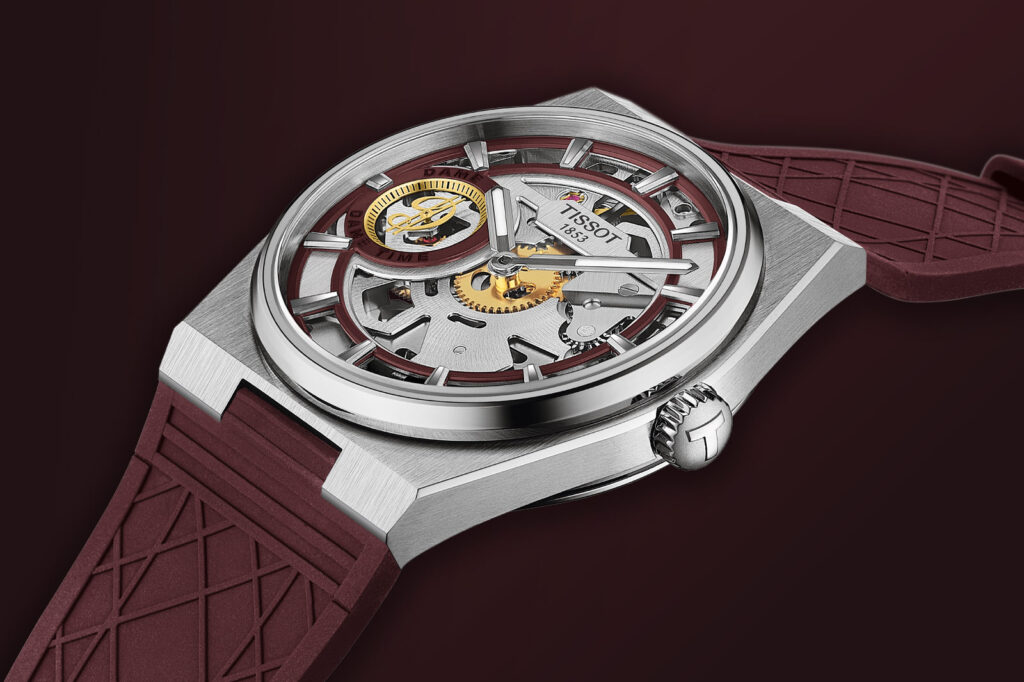 Tissot PRX Skeleton Damian Lillard watch with skeletonised dial and burgundy strap