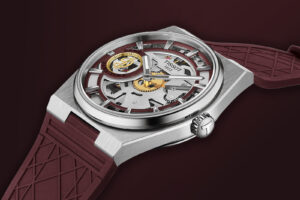 Tissot PRX Skeleton Damian Lillard watch with skeletonised dial and burgundy strap