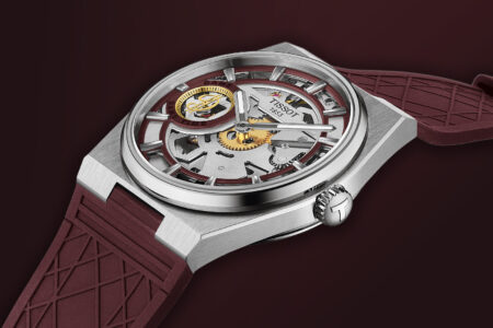 Tissot PRX Skeleton Damian Lillard watch with skeletonised dial and burgundy strap