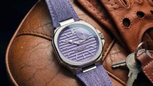 Speake Marin Ripples Portobello watch with violet rippled dial and steel cushion case