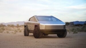 Tesla Cybertruck electric pickup shown from the front three-quarter angle