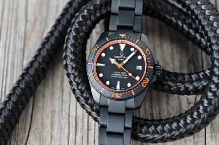 Certina’s Black DS Action Diver 38mm Gets Orange and Teal Padel Accents Certina DS Action Diver 38mm Black PVD with orange and teal accent versions
