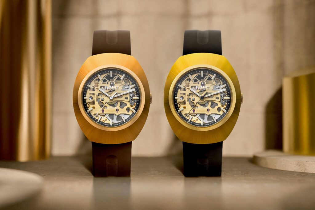 Rado DiaStar Original Skeleton in warm gold tones with skeleton dial and brown rubber strap