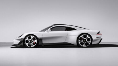 Porsche 911 seen from the front in a studio-style setting