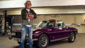 Magenta 1974 Triumph Stag similar to James May’s Grand Tour finale car