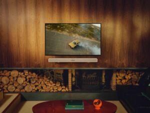 Marshall’s Heston 120 Soundbar Arrives in a Softer Cream Finish Marshall Heston 120 soundbar in cream beneath a television in a modern living room