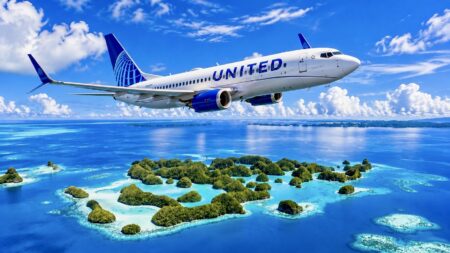 United Airlines Boeing 737 aircraft at an airport in the Pacific