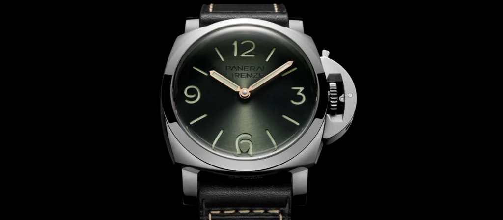 Panerai’s Platinumtech Luminor Firenze 8 Giorni brings a Florence prototype detail into production Panerai Luminor Firenze 8 Giorni PAM01734 with green dial and Platinumtech Luminor case