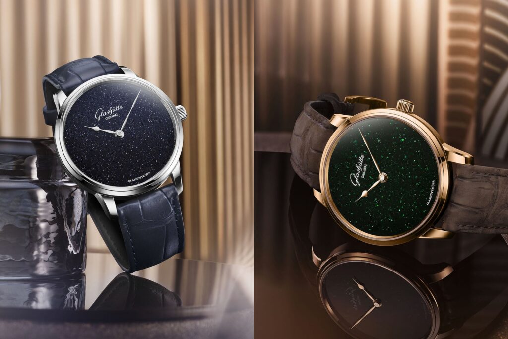Glashütte Original Senator Aventurine watches in red gold and platinum with green and blue aventurine glass dials