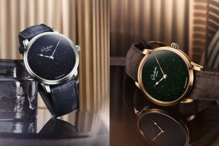 Glashütte Original Brings Aventurine Glass to the Senator Glashütte Original Senator Aventurine watches in red gold and platinum with green and blue aventurine glass dials