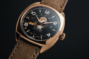 Farer Stratton II moonphase watch with black Eisenkiesel dial and gold PVD cushion case