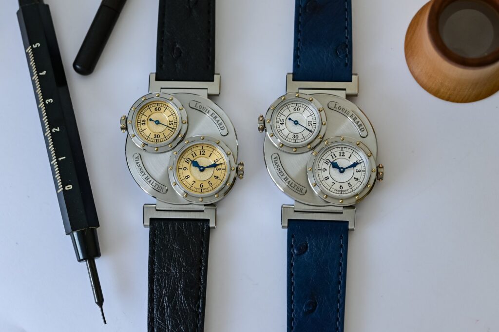Louis Erard x Vianney Halter Futur Antérieur watch with raised riveted porthole dials