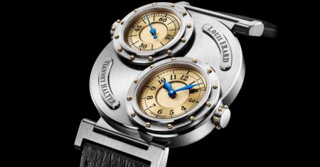 Louis Erard and Vianney Halter split time in the Futur Antérieur Louis Erard x Vianney Halter Futur Antérieur watch with two raised dials and riveted bezels