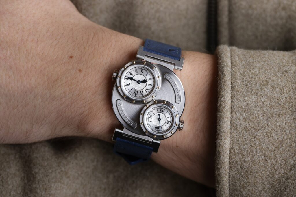 Louis Erard x Vianney Halter Futur Antérieur Silver watch with twin rhodium dials and blue ostrich strap