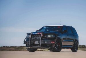 Texas DPS Dodge Durango SRT Hellcat police SUV with front bull bar and emergency lights
